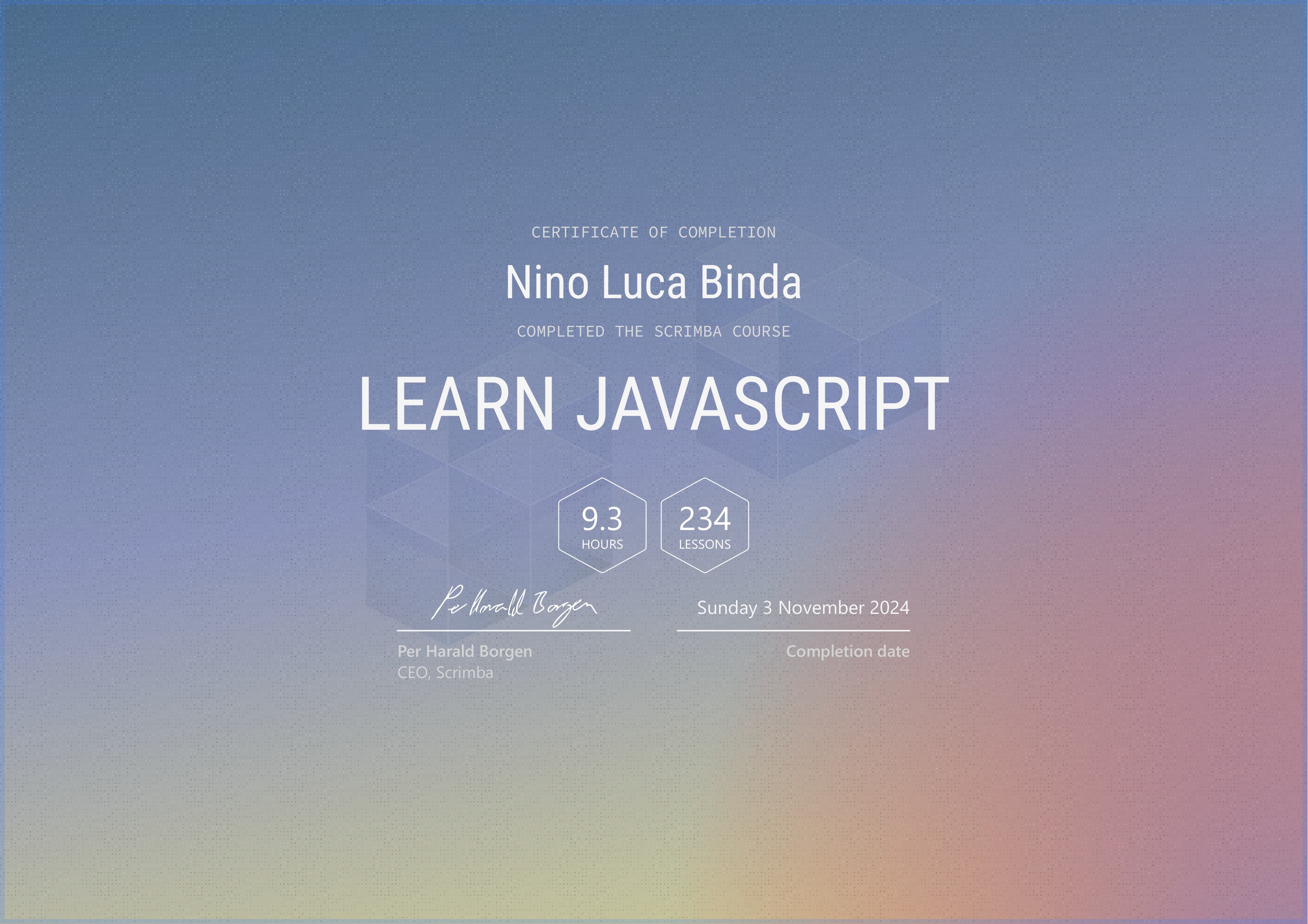 Das Learn JavaScript Zertifikat von Scrimba von Nino Binda